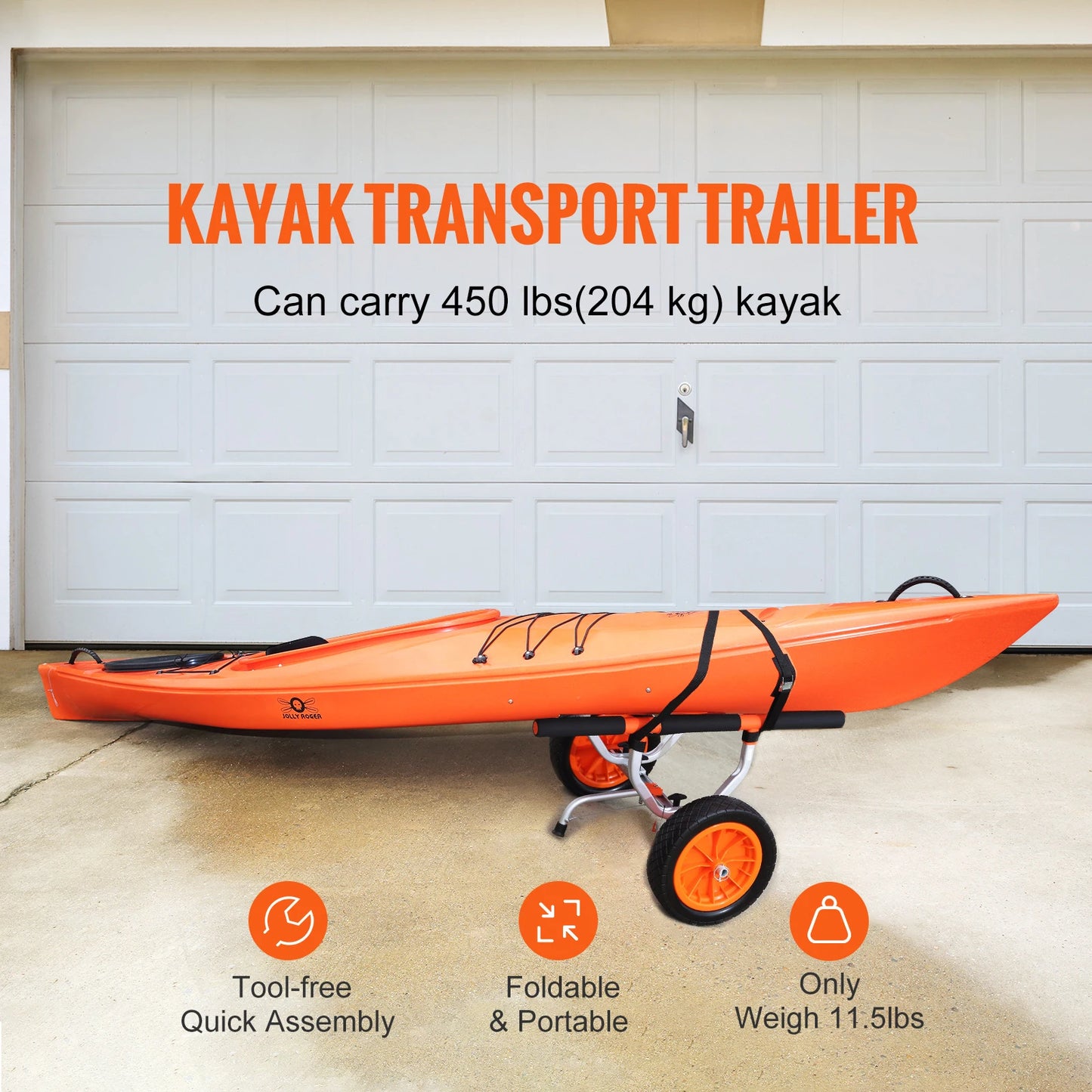 Kayak Cart 450lbs Detachable Canoe Trolley Cart with 12'' Tires Adjustable Width
