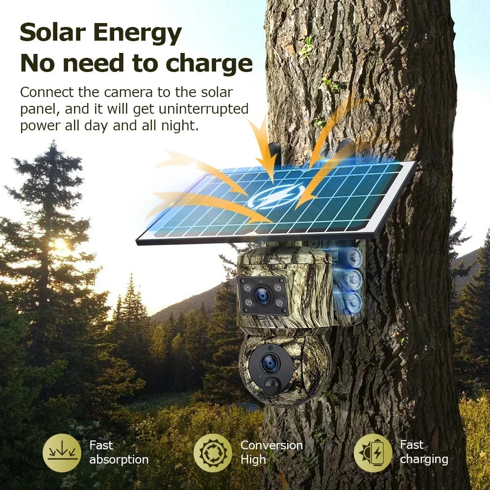 Dual Lens Solar Camera Outdoor WiFi Security Hunting Motion Tracking PTZ Camera