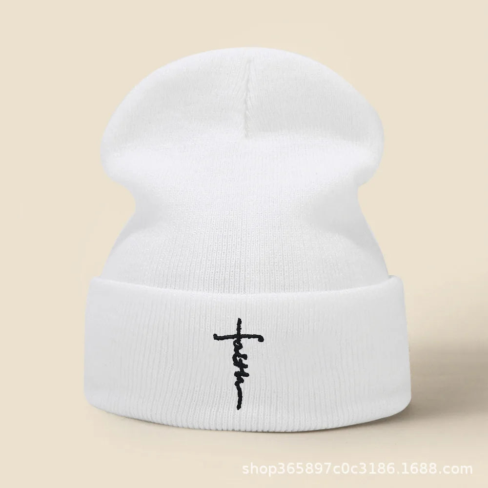Winter Cold Hat Cross Embroidered Knitted Hat for Men and Women