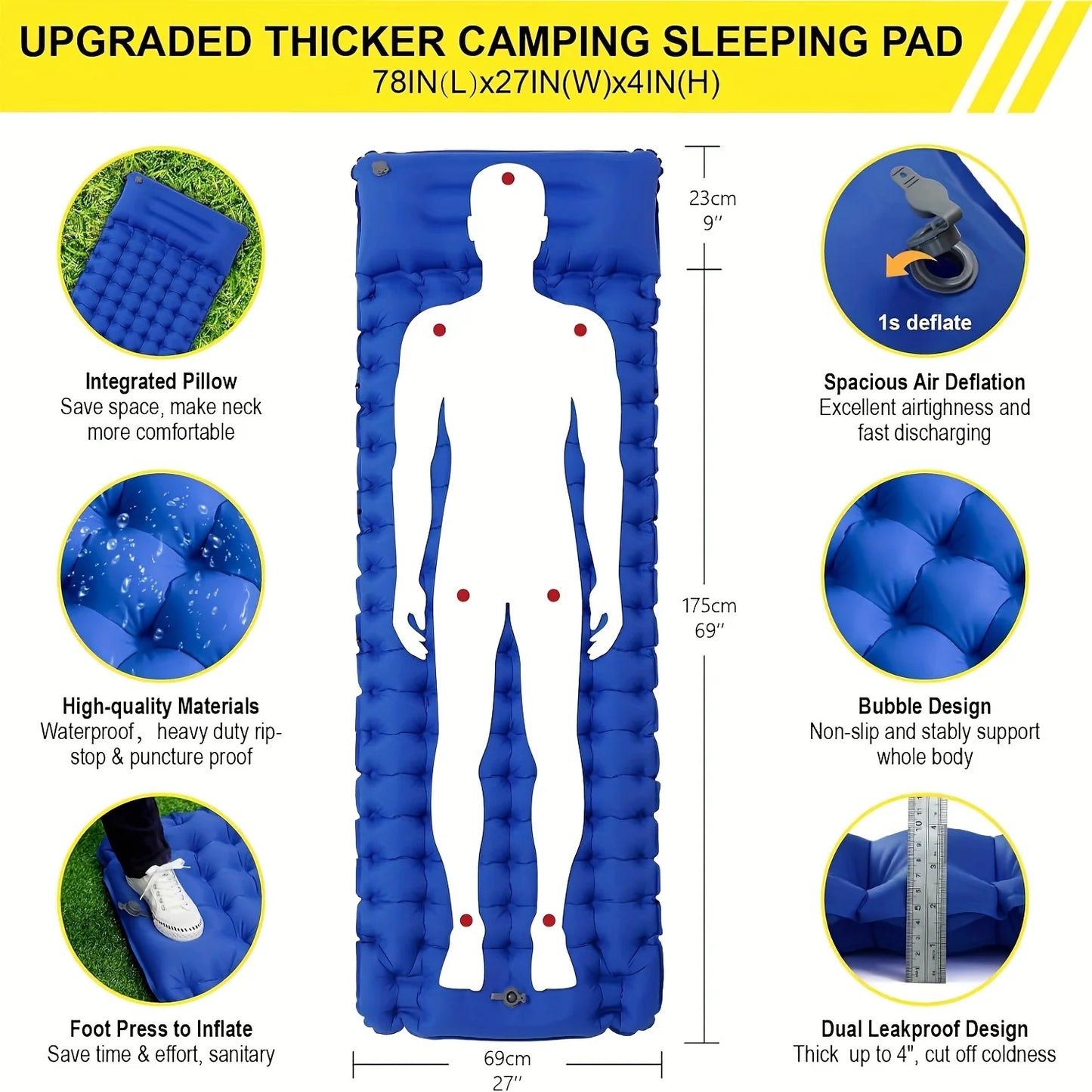 4-inch inflatable sleeping mat with built-in pillow and pump