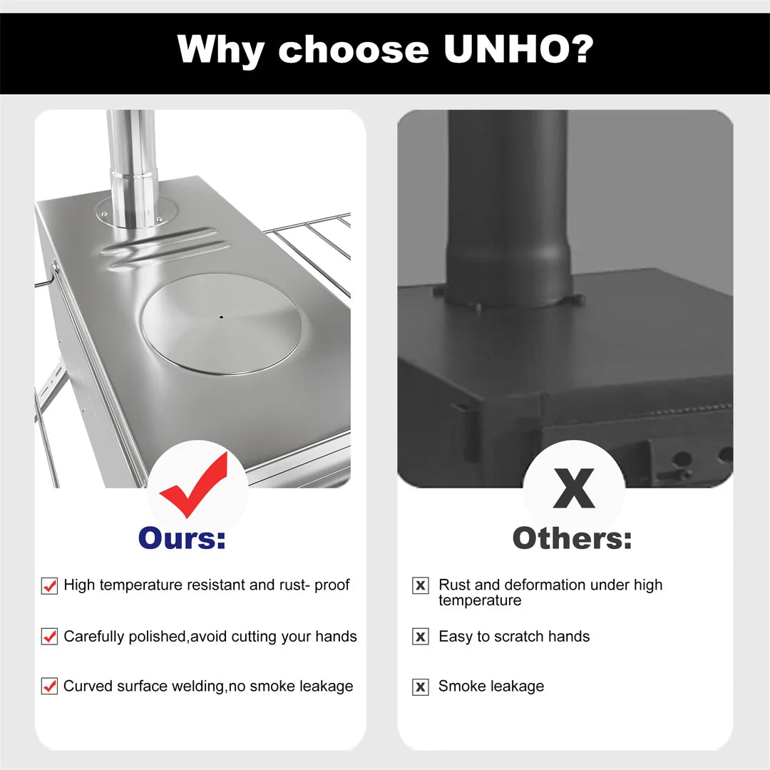 Stainless Steel Camping Wood Burning Stove For Hot Tent With Seven Chimney Pipes Portable Gear