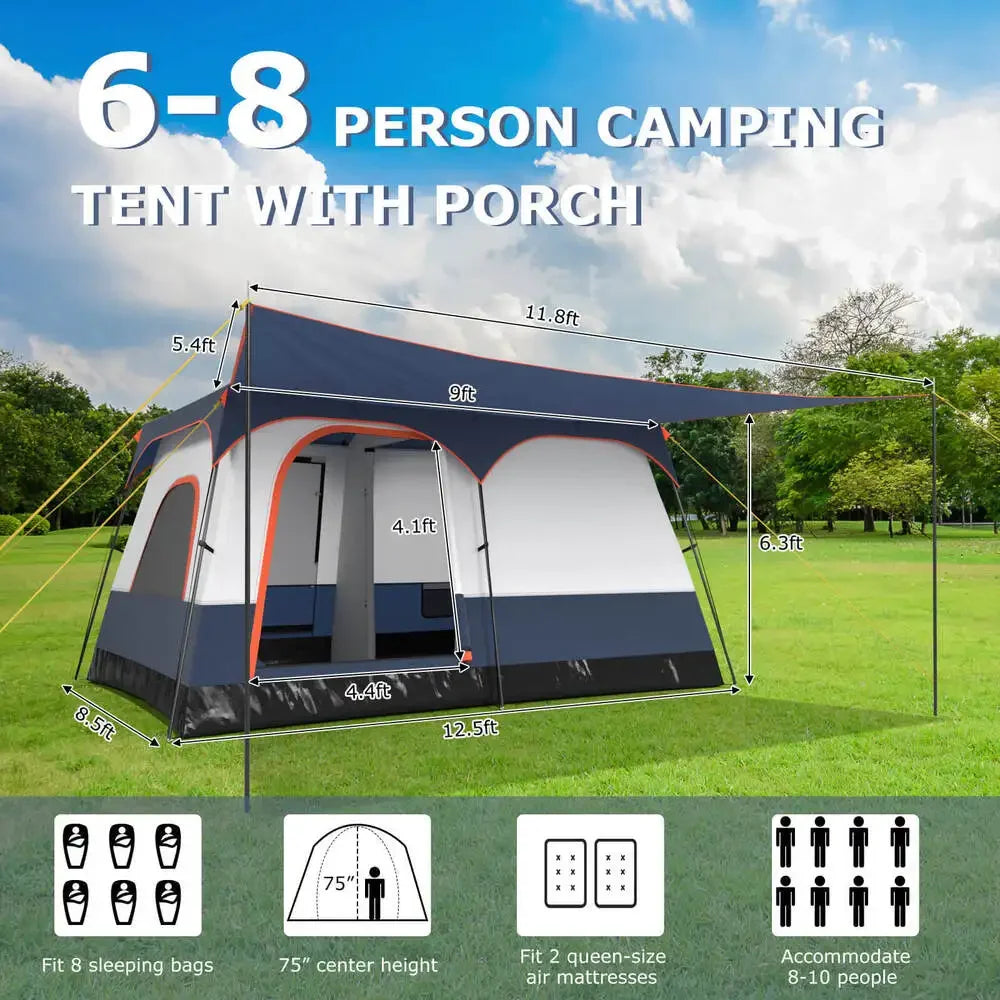 8-Person Camping Tent with Porch Large Family Cabin with 2 Rooms 2 Doors