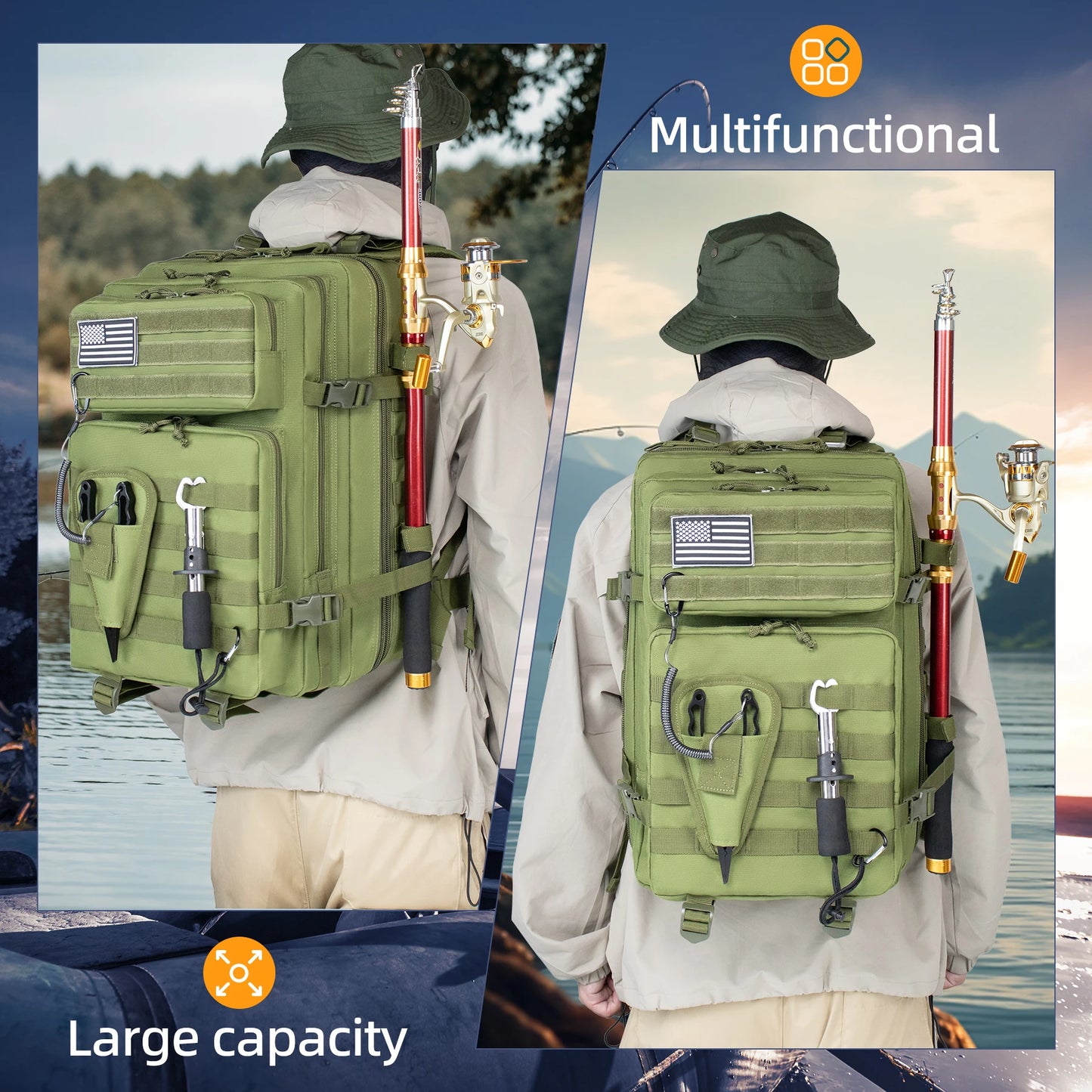 45L Fishing Hunting Bag Tactical Backpack Men's Travel Rucksack Waterproof Outdoor