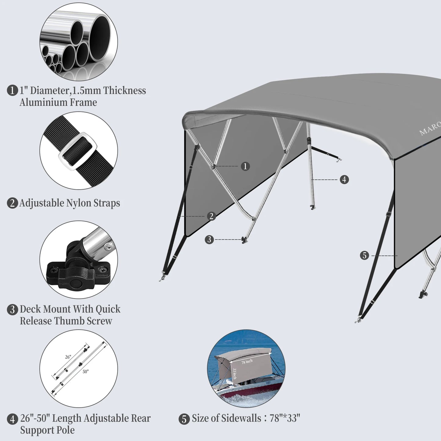 Top Boat Cover with Aluminum Alloy Frame 600D Marine Grade Fabric