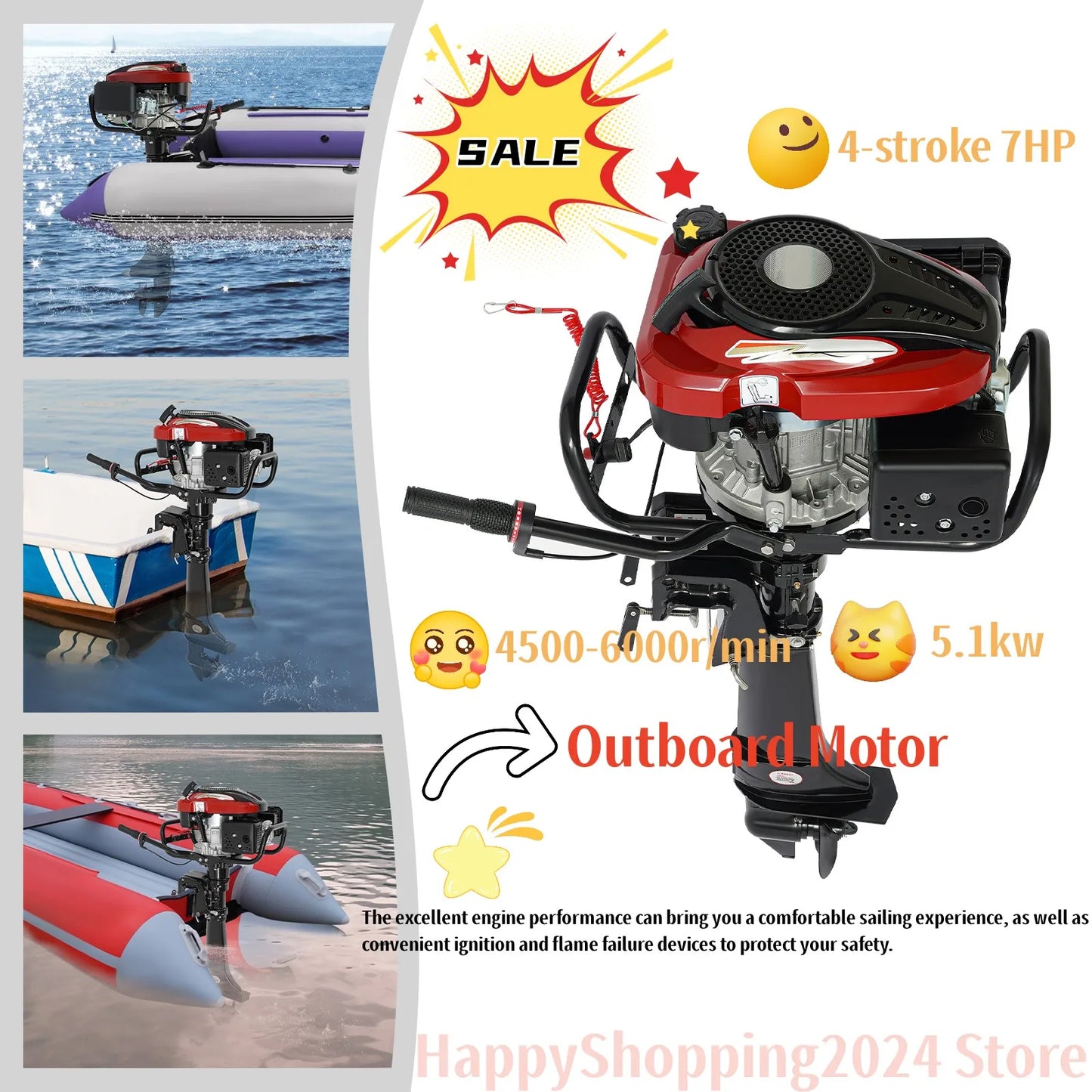 4-Stroke 7HP 196CC Outboard Motor Air Cooling CDI System with Long Shaft