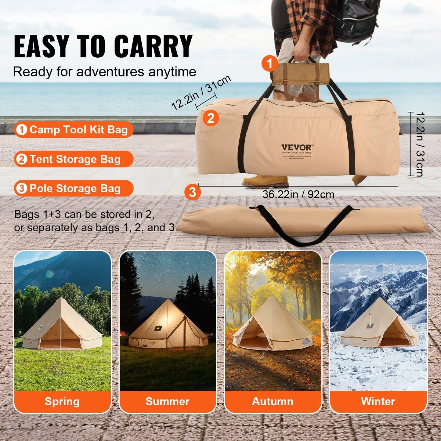 5-8 Person Canvas Glamping Bell Tent,with Stove Jack and Detachable Side Wall,13'x 13'x98"