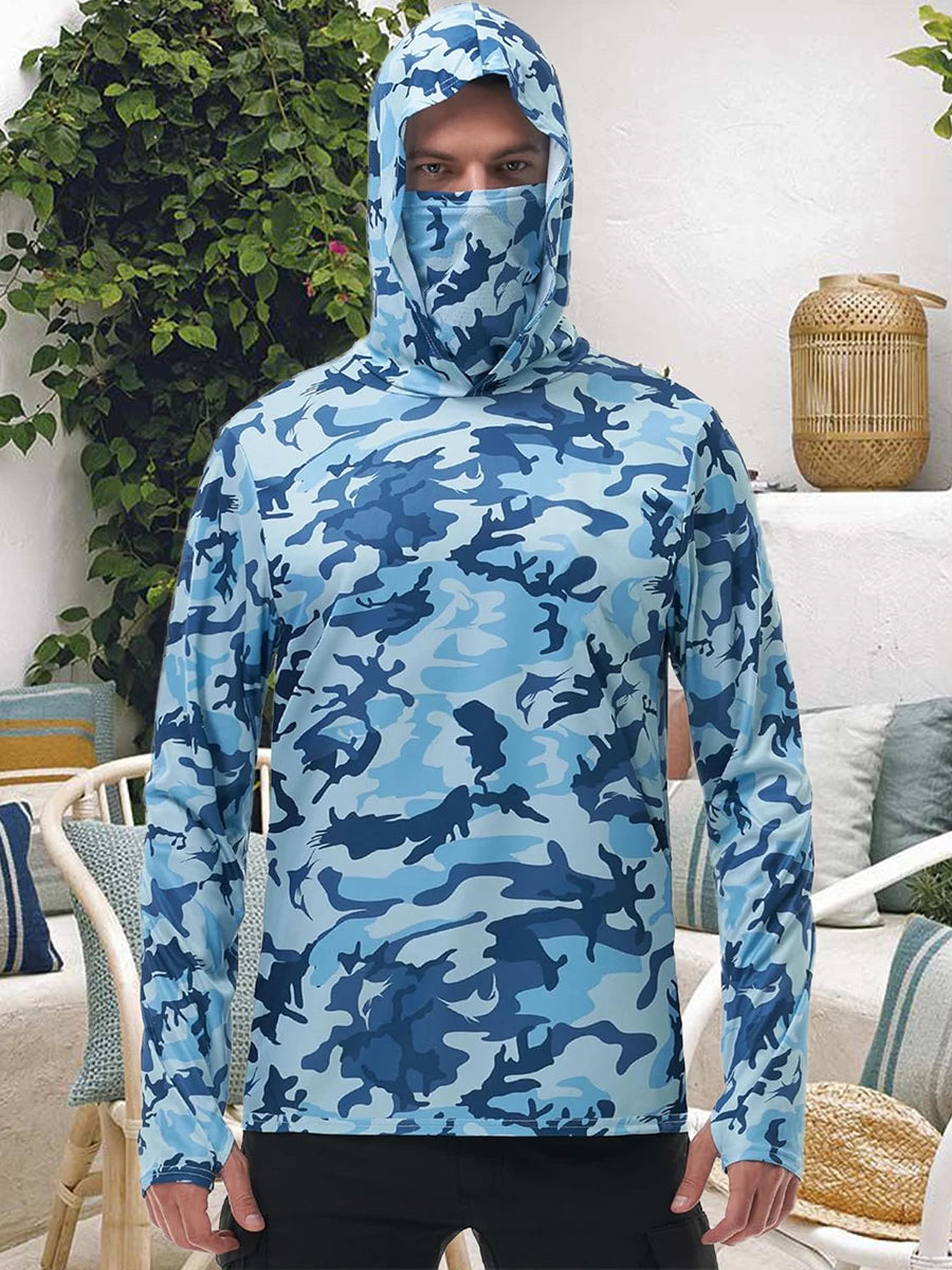 Men s Fishing Shirt Camo Print Hoodie with Built-in Sun Protection