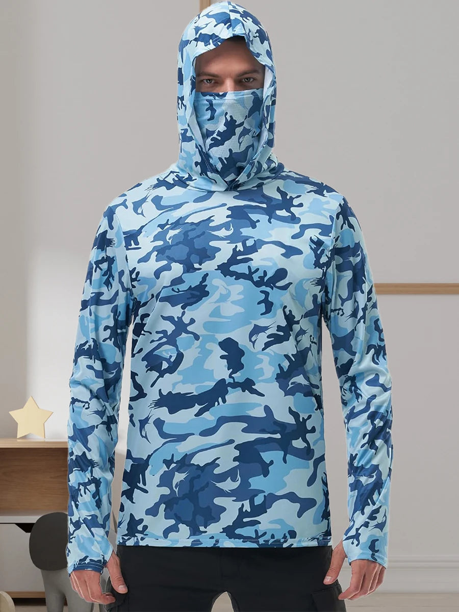 Men s Fishing Shirt Camo Print Hoodie with Built-in Sun Protection