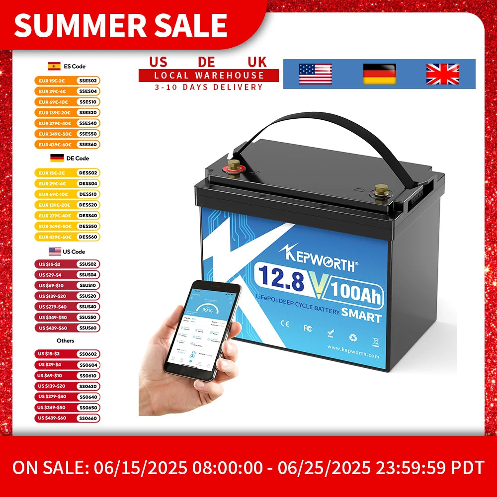 12V 100Ah Deep Bluetooth Built-in 100A BMS for Trolling Motor, Boat, Rv, Solar, Backups