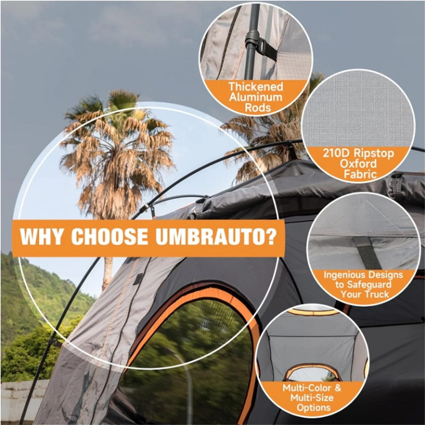 Umbrauto Truck Bed Tent Truck Tent Easy Setup for Camping, 3000mm Waterproof Pickup Truck Tent for 2 Person with Doub