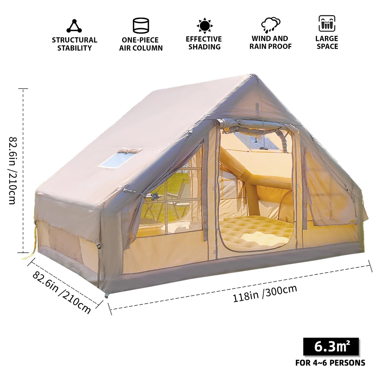 4-6 People for Camping Inflatable Tent, Glamping Tent with Stove Jack ,