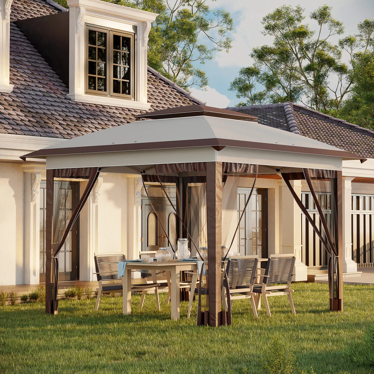 12' X 12' Backyard Party Cabana Gazebo W/ 3-Level Adjustable Height, Beige