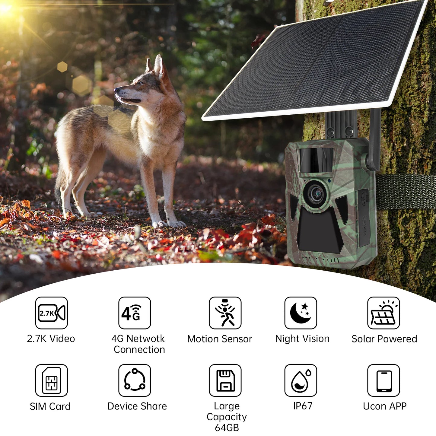 4G LTE Trail Camera, Ultra HD Night Vision, Built-in SIM, 0.2s Motion Trigger, Solar Powered,