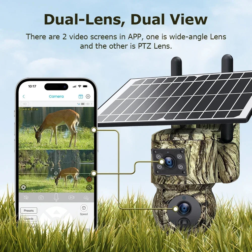 Dual Lens Solar Camera Outdoor  WiFi Security Hunting Motion Tracking PTZ Camera