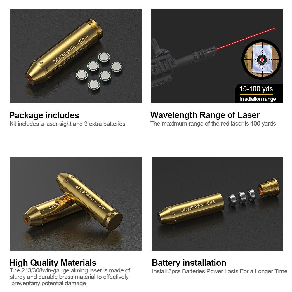 243 308WIN Cartridge Red Dot Laser Brass Boresighter