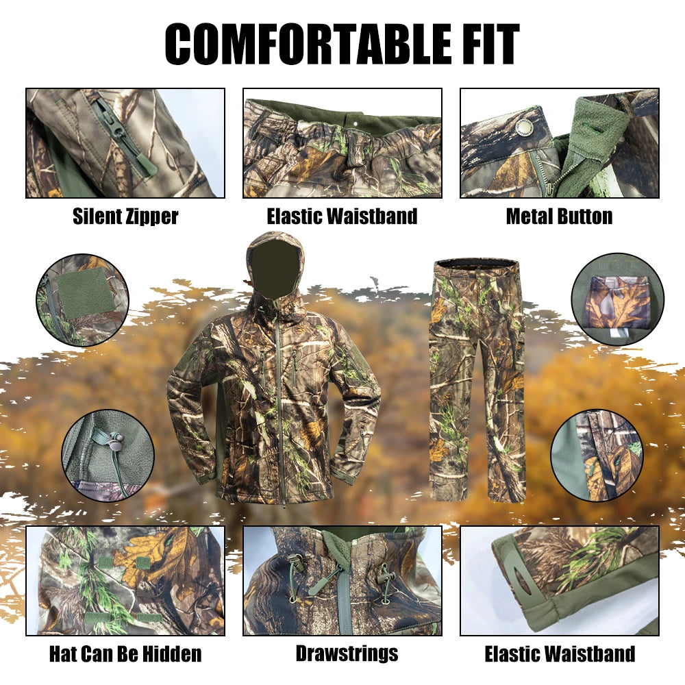 Fleece Lining Water Resistant Silent Hunting Jacket and Pants