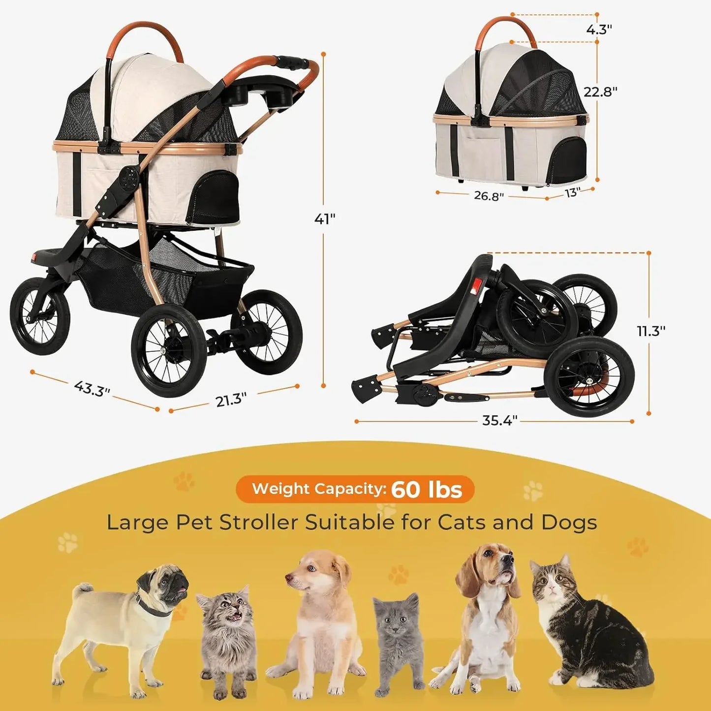 Pet Stroller, 3-in-1 Large Dog Stroller for Cats/Dogs