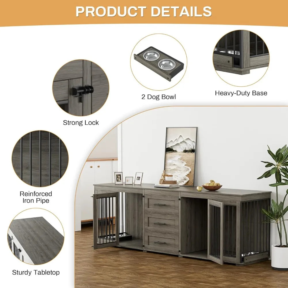 94.5" Large Dog Crate Furniture For 2 Dogs,