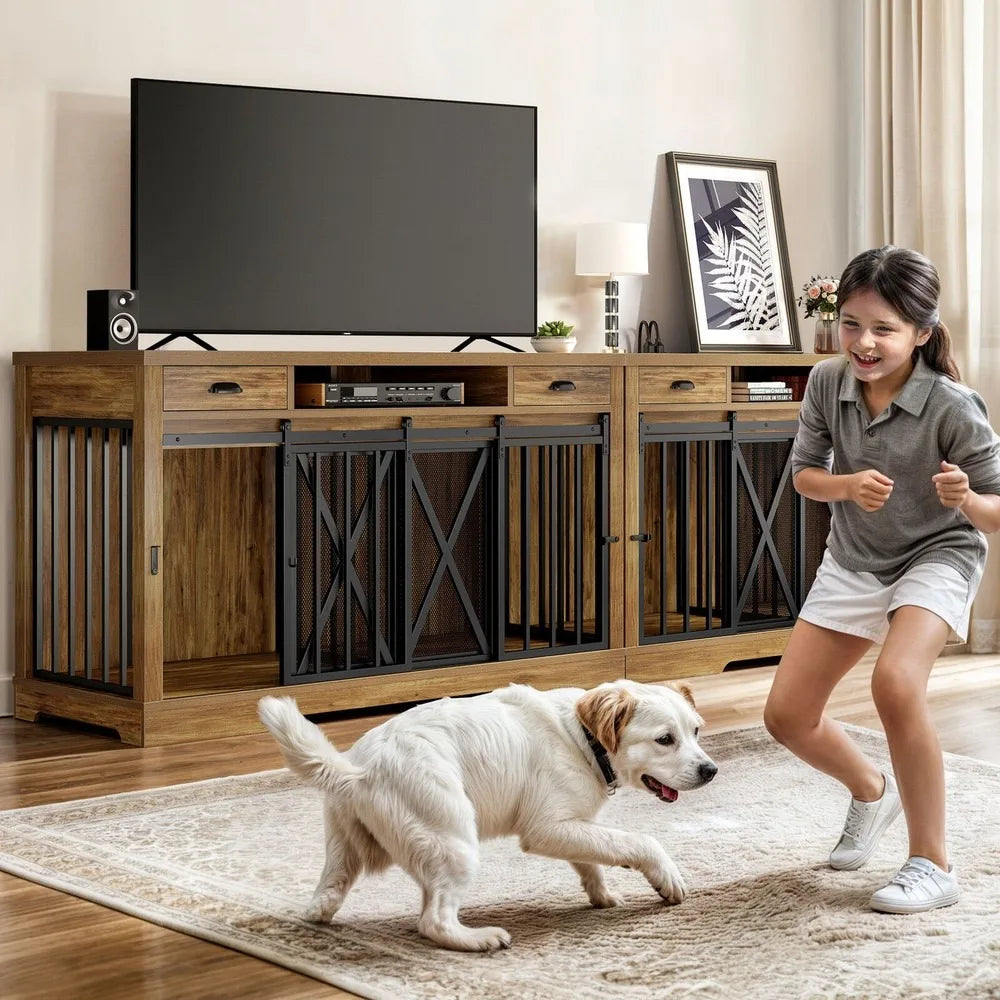 63 inch Double Dog Crate for 2 Dogs TV Stand