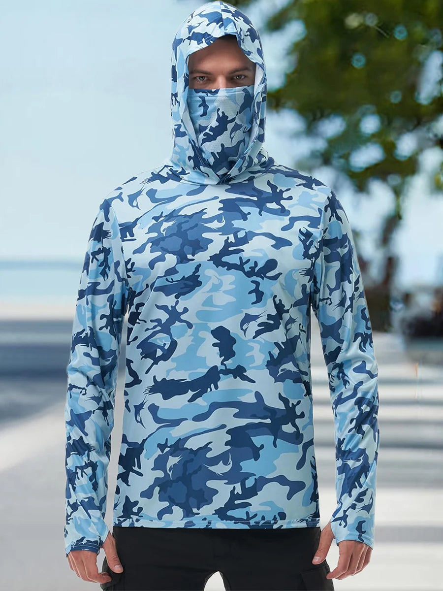 Men s Fishing Shirt Camo Print Hoodie with Built-in Sun Protection