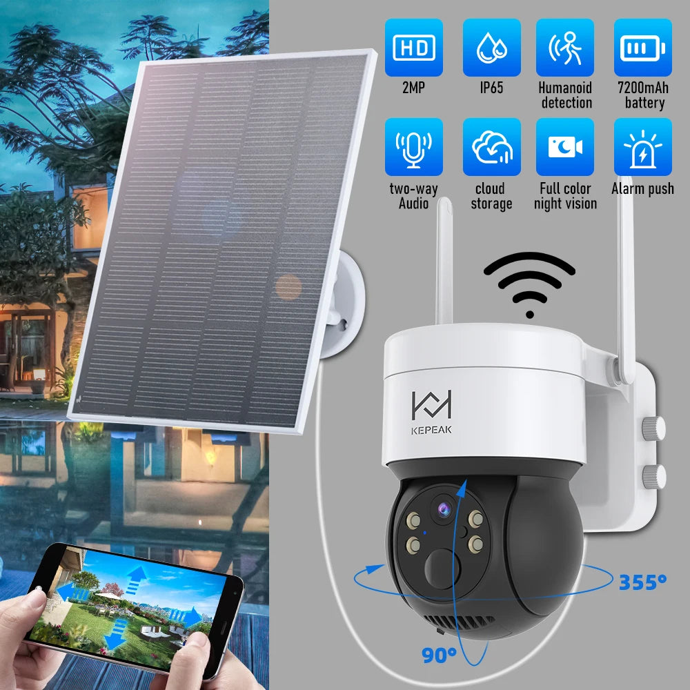 Built-in Battery Outdoor Wireless Solar IP Camera  WiFi PTZ 1080P Video Surveillance