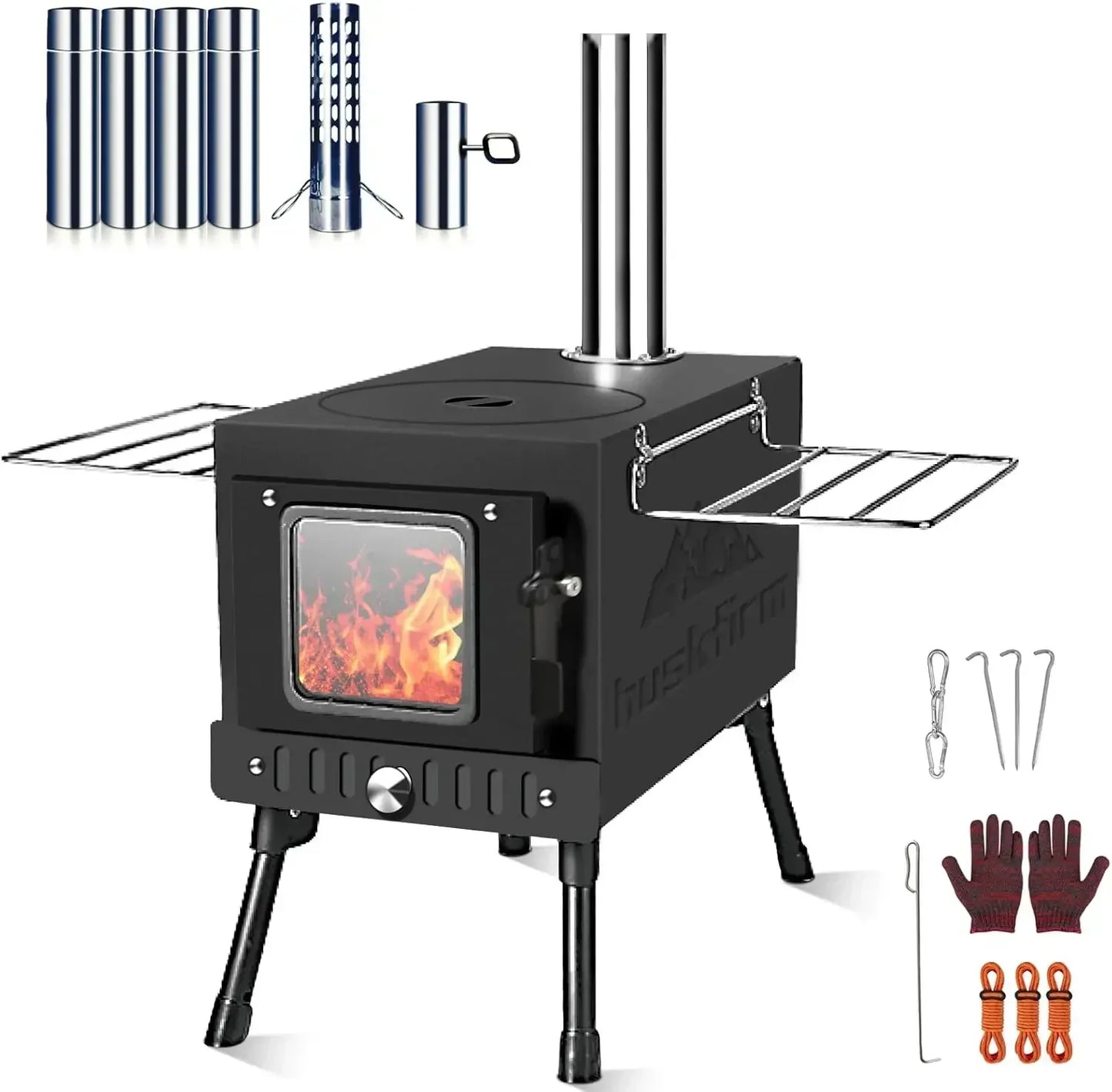 Portable Folding Wood Burning Camping Stove - Includes Chimney Pipes and Spark Arrestor for Tent