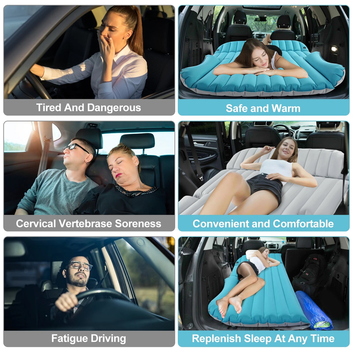 Inflatable Camping Bed with Electric Pump for Trunk & Rear Seat Gray/Blue, No Pillows