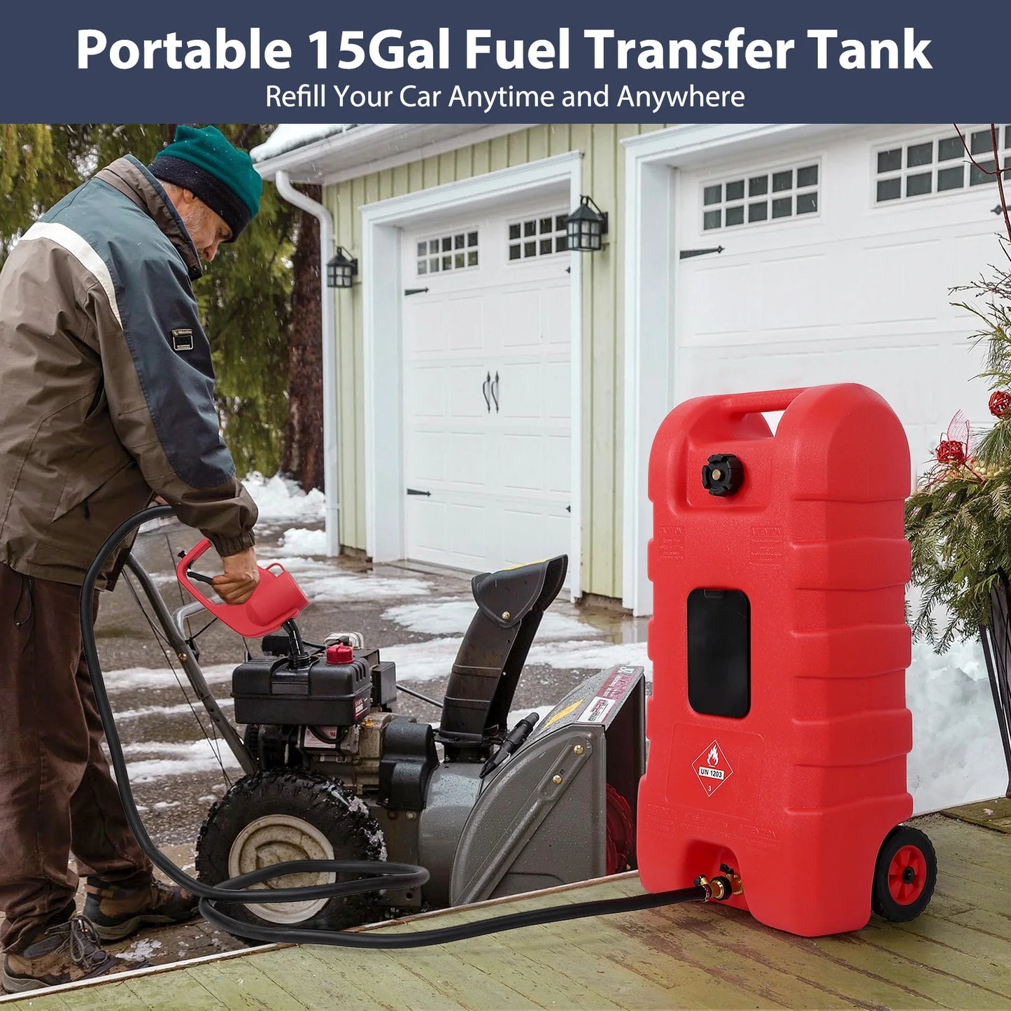 15 Gallon Portable Gas Fuel Tank Siphon Pump And 10ft Hose