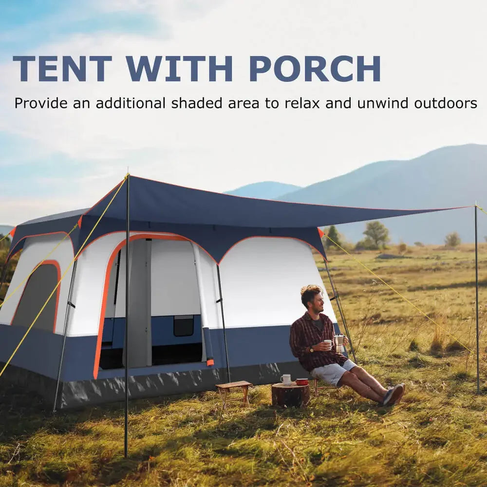 8-Person Camping Tent with Porch Large Family Cabin with 2 Rooms 2 Doors
