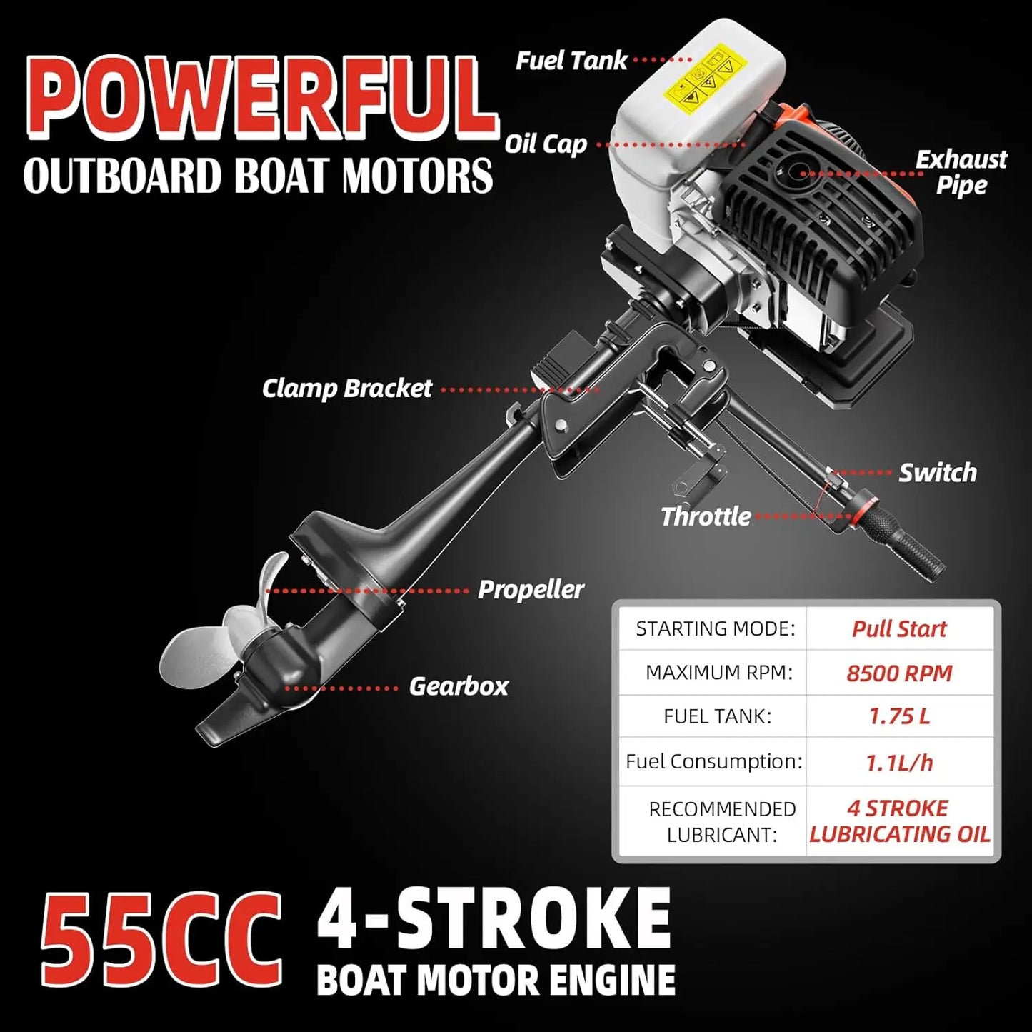 4HP 4 Stroke Outboard Motor Boat Engine, Heavy Duty 55CC