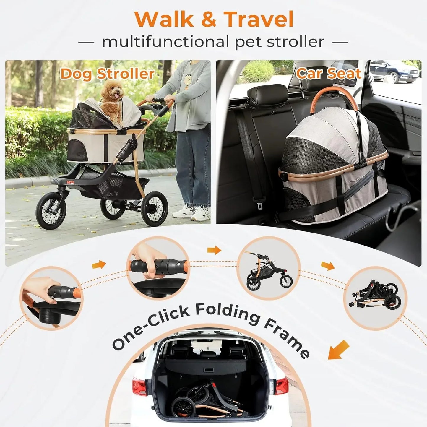 Pet Stroller, 3-in-1 Large Dog Stroller for Cats/Dogs