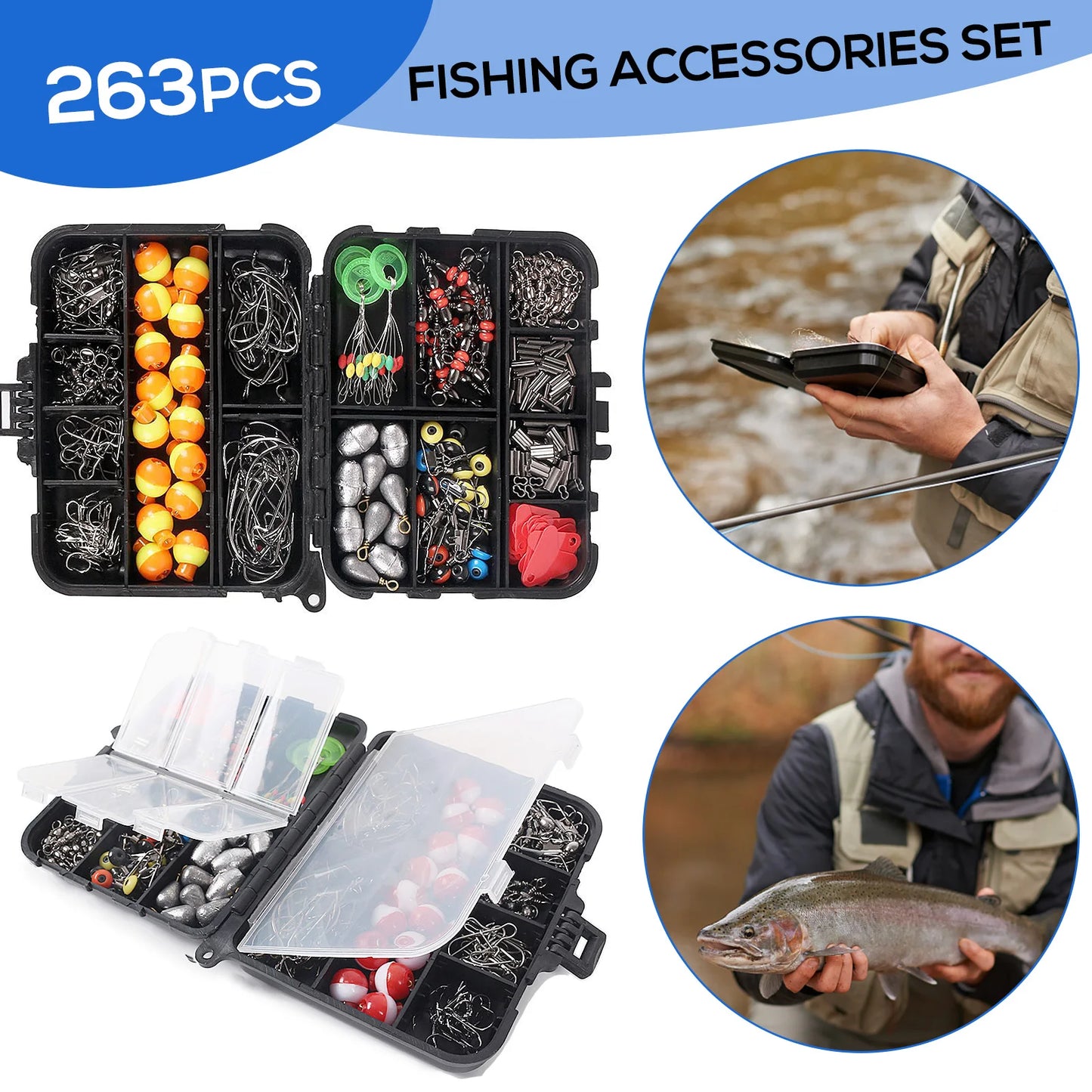 New 263pcs Fishing Accessories Set with Tackle Box and Tools