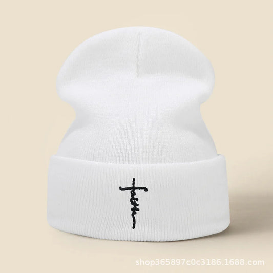Winter Cold Hat Cross Embroidered Knitted Hat for Men and Women