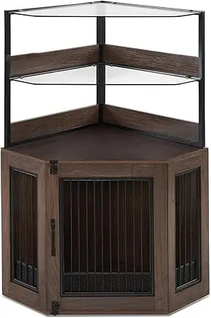 Small Corner Dog Crate Furniture With Glass Shelves