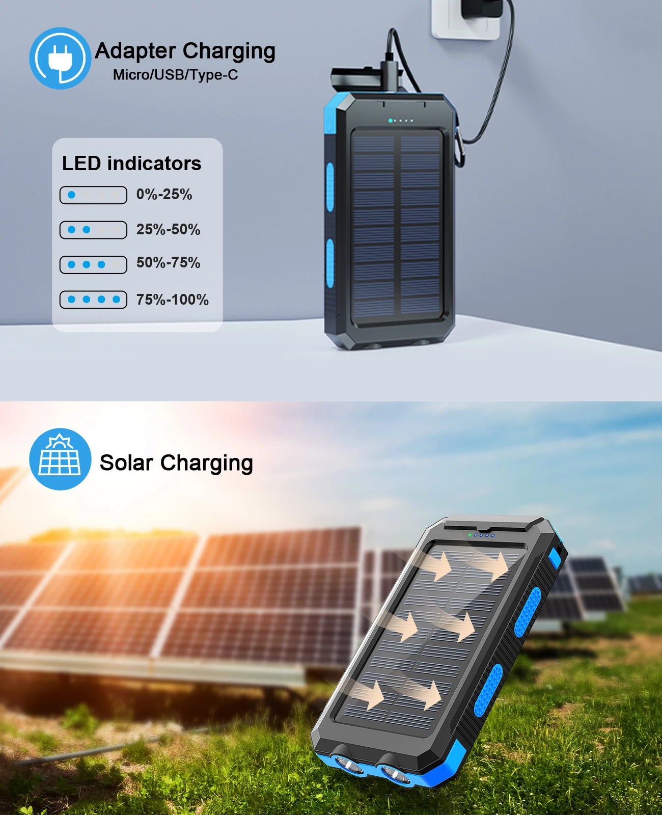 Waterproof Solar Power Bank Outdoor for Mobile Phone Charger