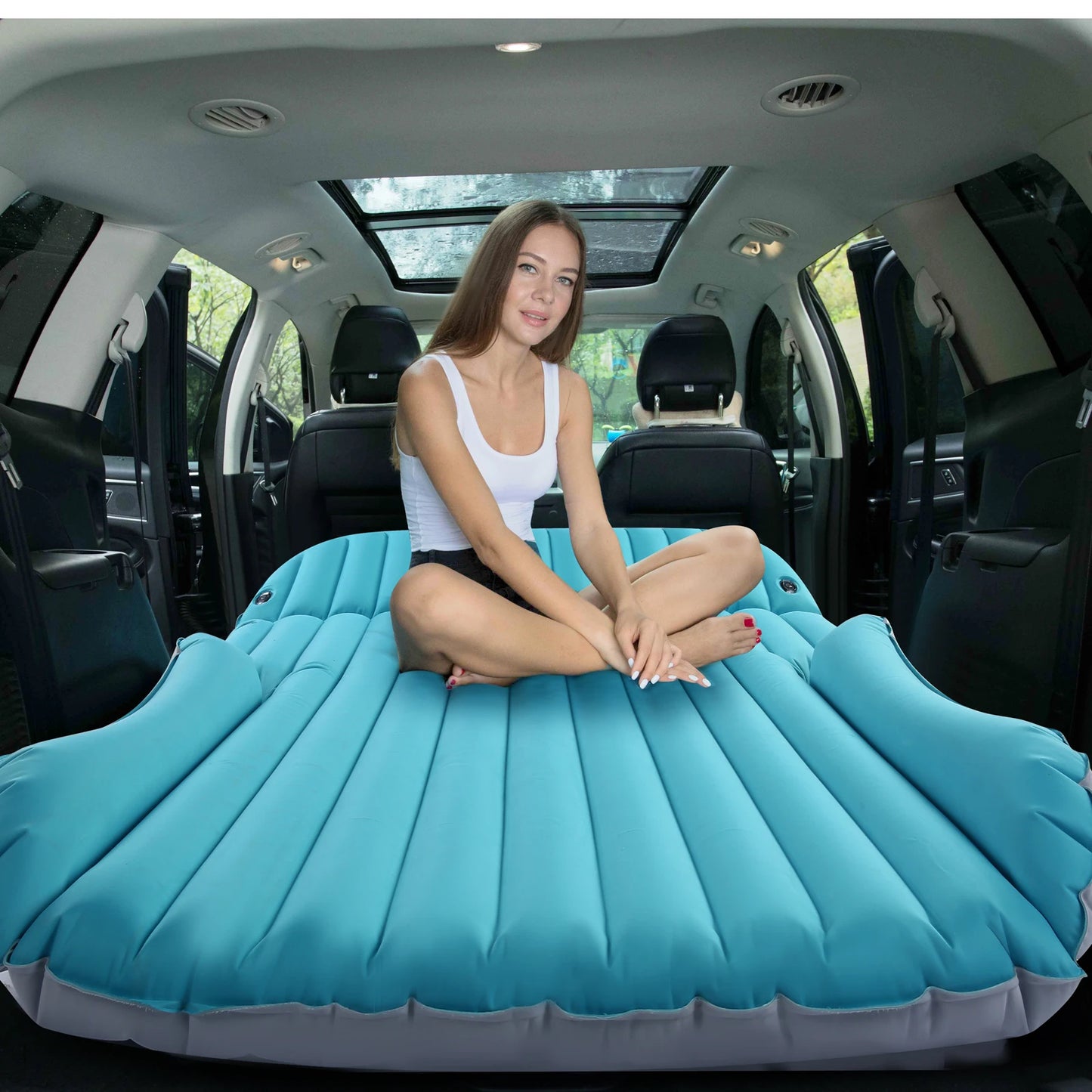 Inflatable Camping Bed with Electric Pump for Trunk & Rear Seat Gray/Blue, No Pillows