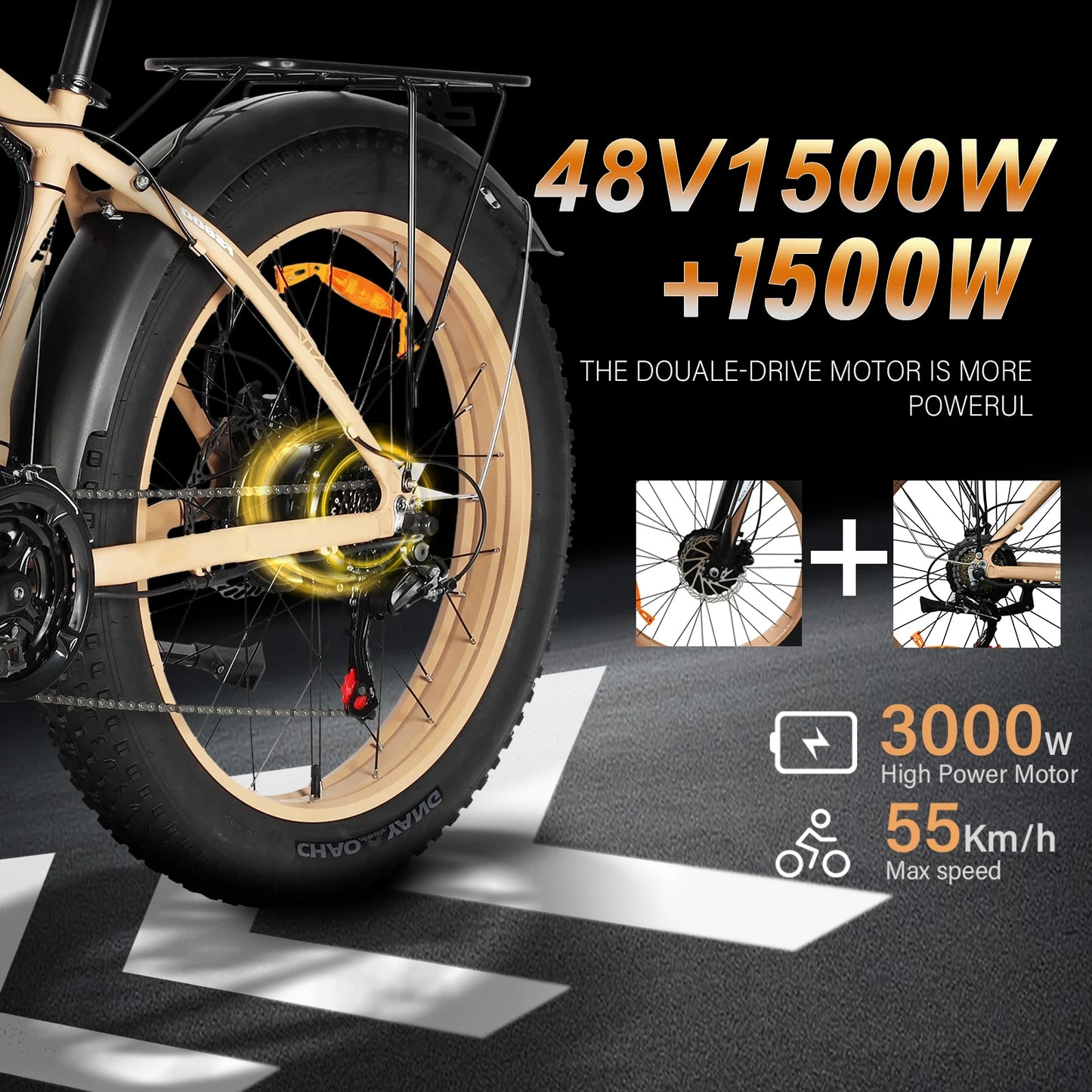 3000W Electric Commuter All Terrain Bike With 48V 23Ah Battery