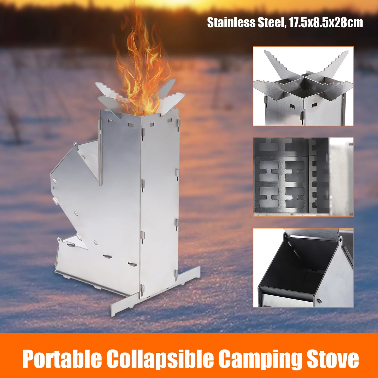 Stainless Steel Portable Firewood Burning Camping Tent Stove W/ Chimney