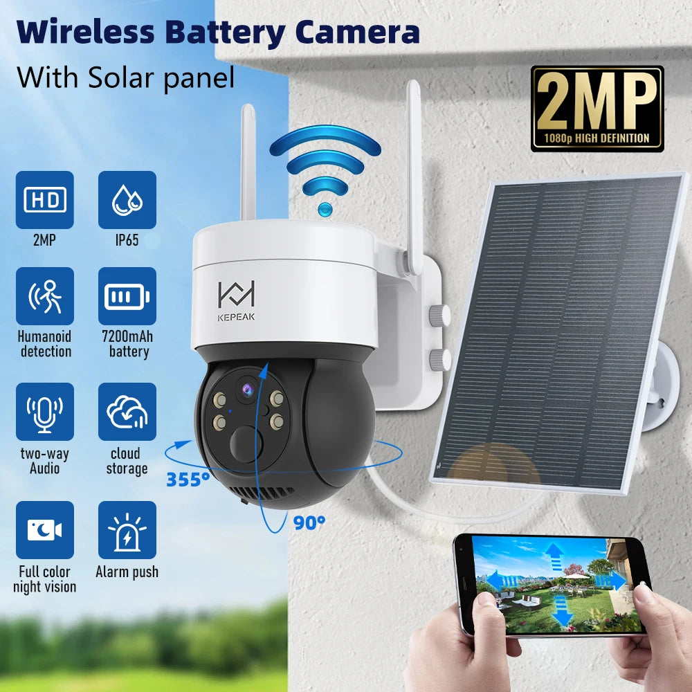 Built-in Battery Outdoor Wireless Solar IP Camera  WiFi PTZ 1080P Video Surveillance