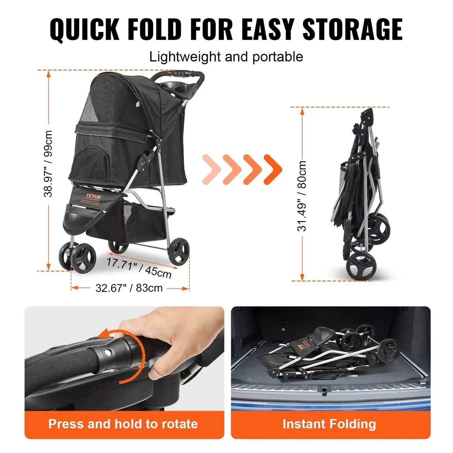 New Pet Stroller, 3 Wheels Dog Stroller Rotate with Brakes,