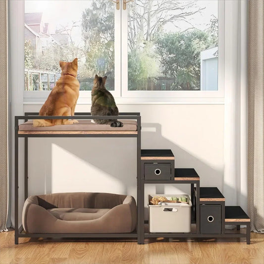 Pet Bunk Bed with Stairs & Storage,