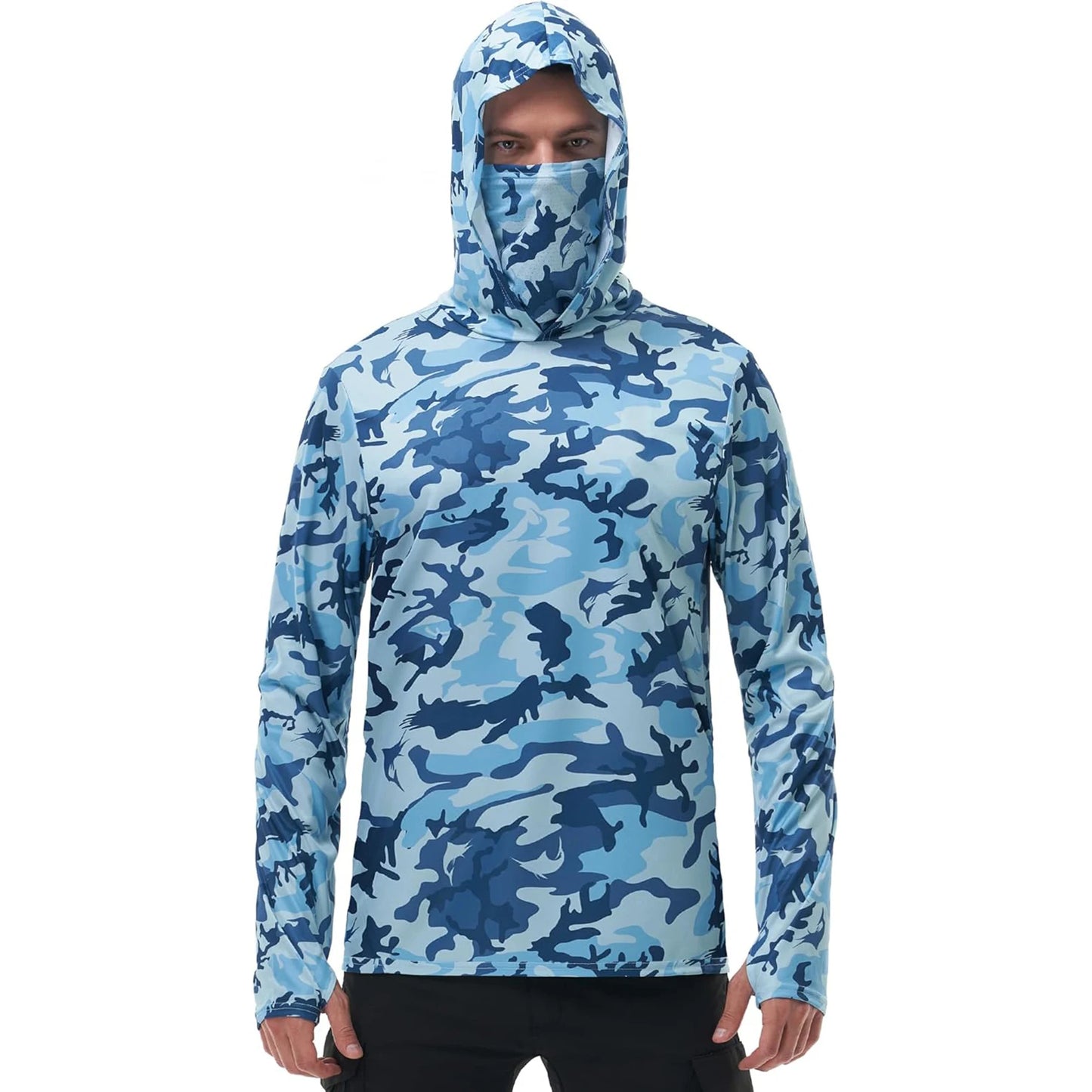 Men s Fishing Shirt Camo Print Hoodie with Built-in Sun Protection