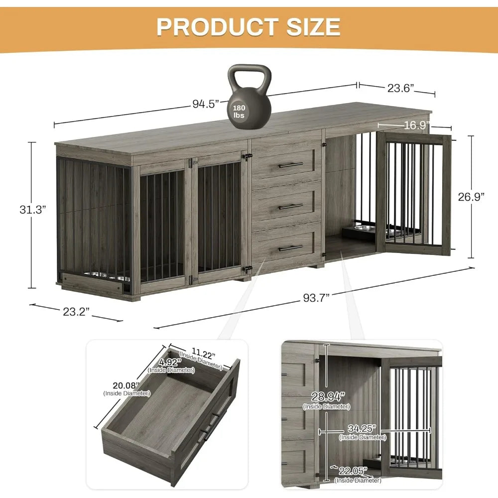 94.5" Large Dog Crate Furniture For 2 Dogs,