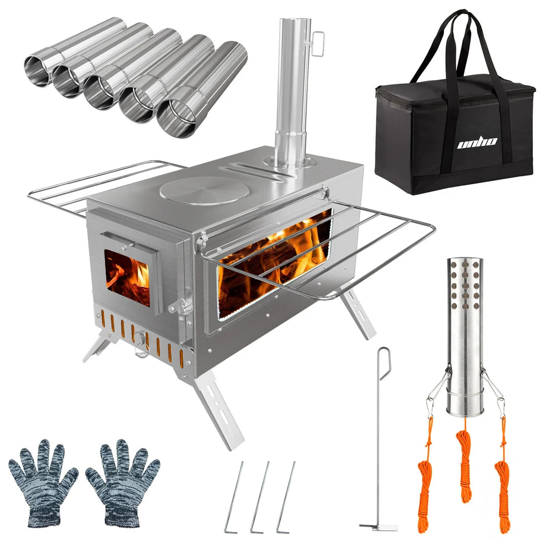 Stainless Steel Camping Wood Burning Stove For Hot Tent With Seven Chimney Pipes Portable Gear