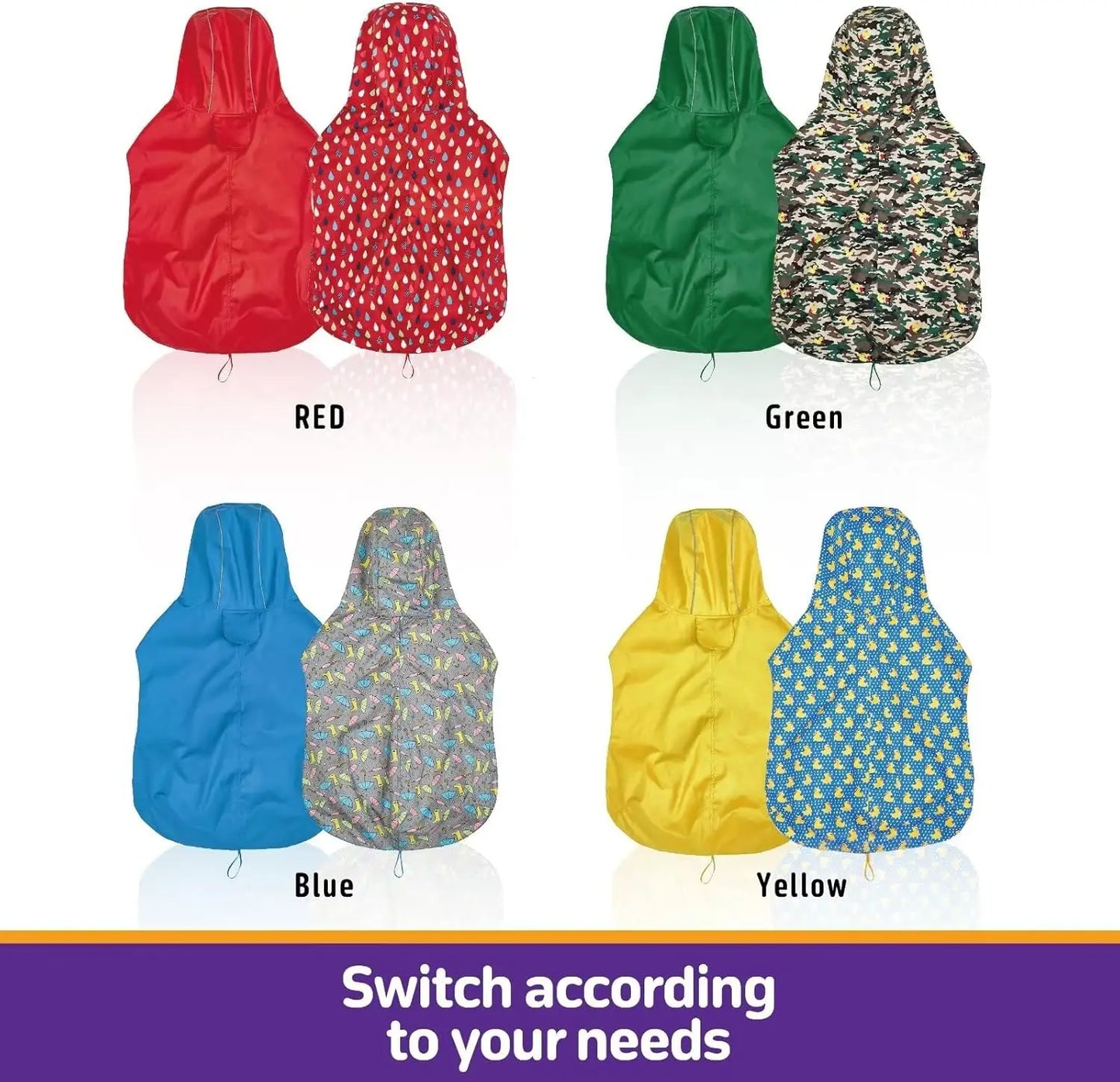 Dog Raincoat Reversible Single Side Slicker Poncho