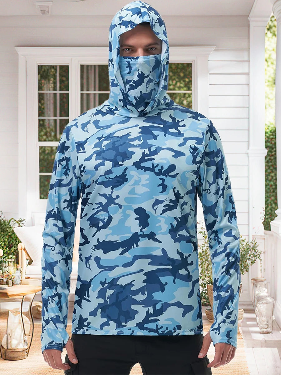 Men s Fishing Shirt Camo Print Hoodie with Built-in Sun Protection