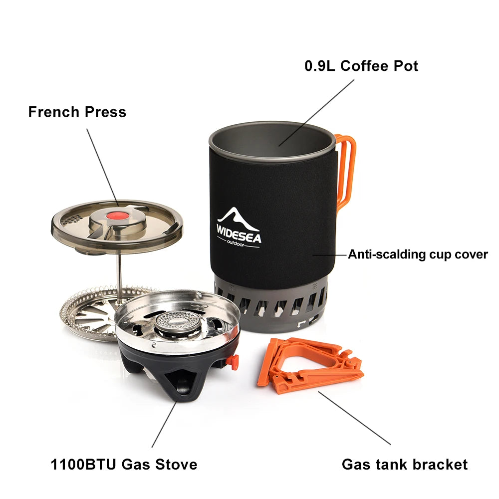 Cooking System with Heat Exchanger Outdoor Gas Stove Burner Coffee Pot Cup Cookware