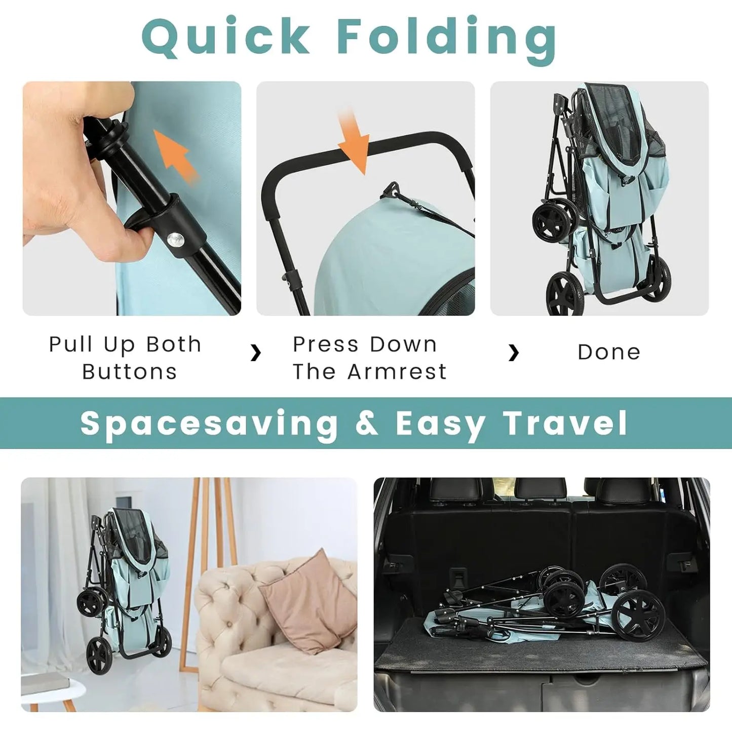 4-in-1 Double Pet Stroller for Dogs and Cats, 2 Detachable Carriers