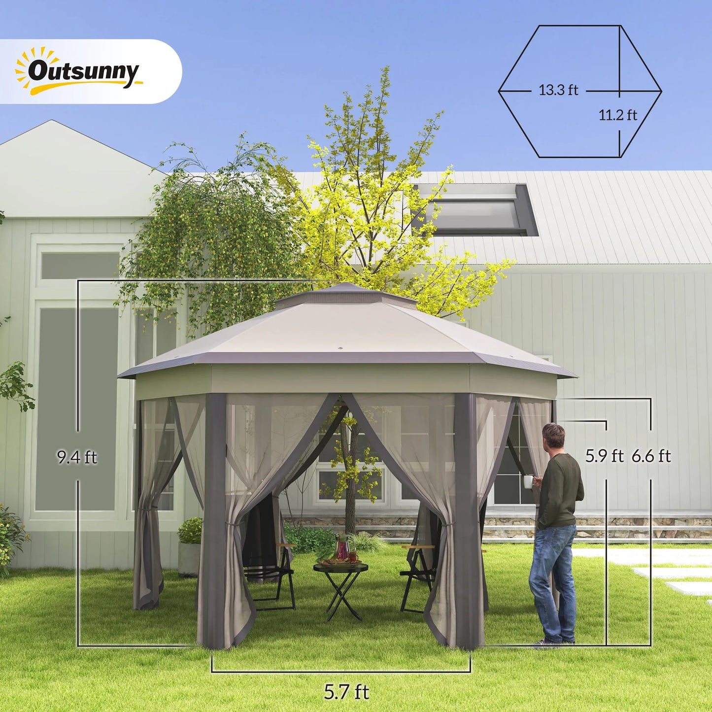 13.3' Hexagon Soft Top 2-Tier Canopy Gazebo Shade W/ Steel Supporting Frame