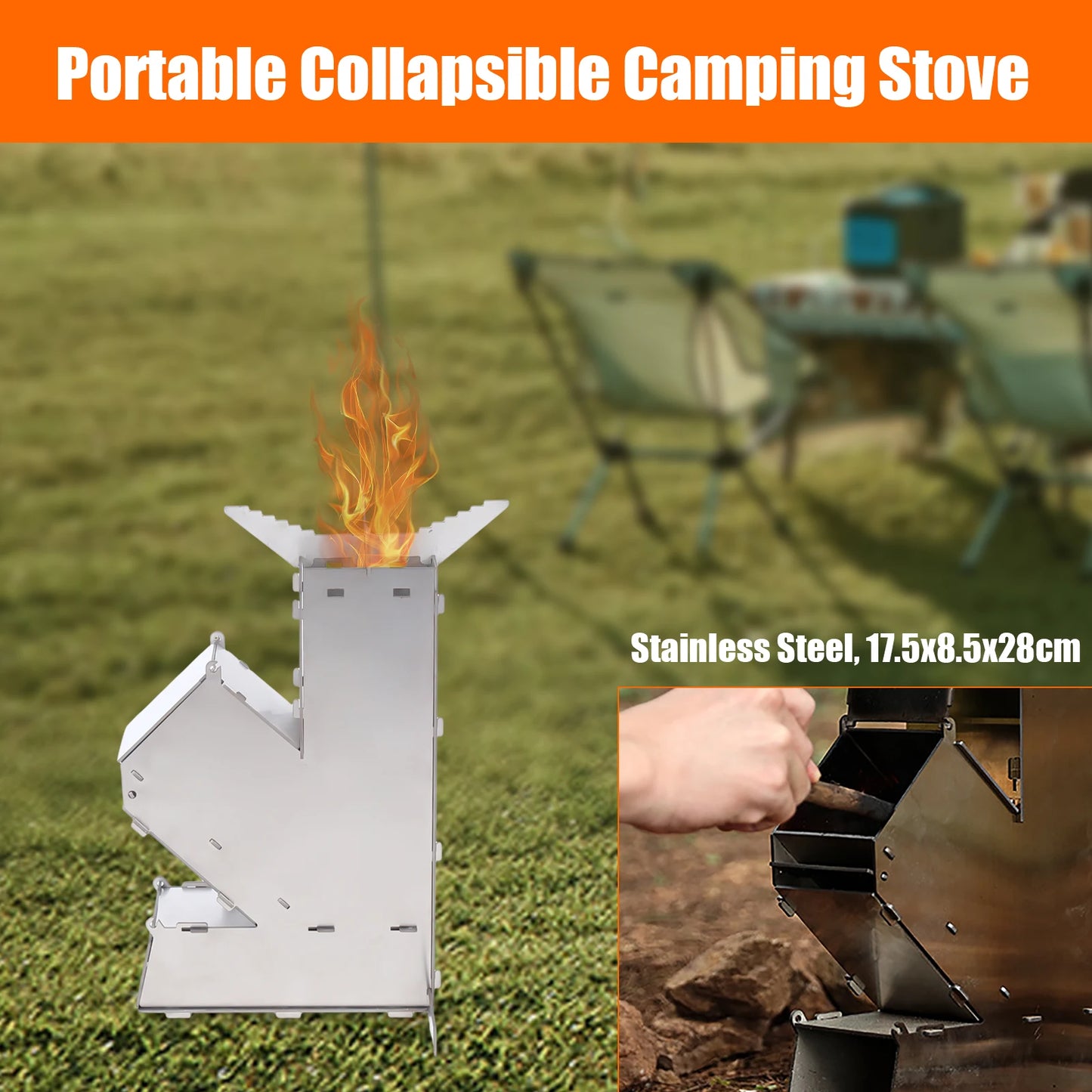 Stainless Steel Portable Firewood Burning Camping Tent Stove W/ Chimney